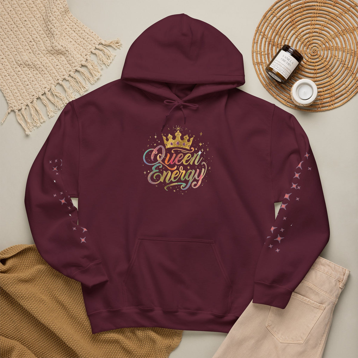 Queen Energy Hoodie — Feminine Crown Graphic Pullover with Star Sleeve Accents