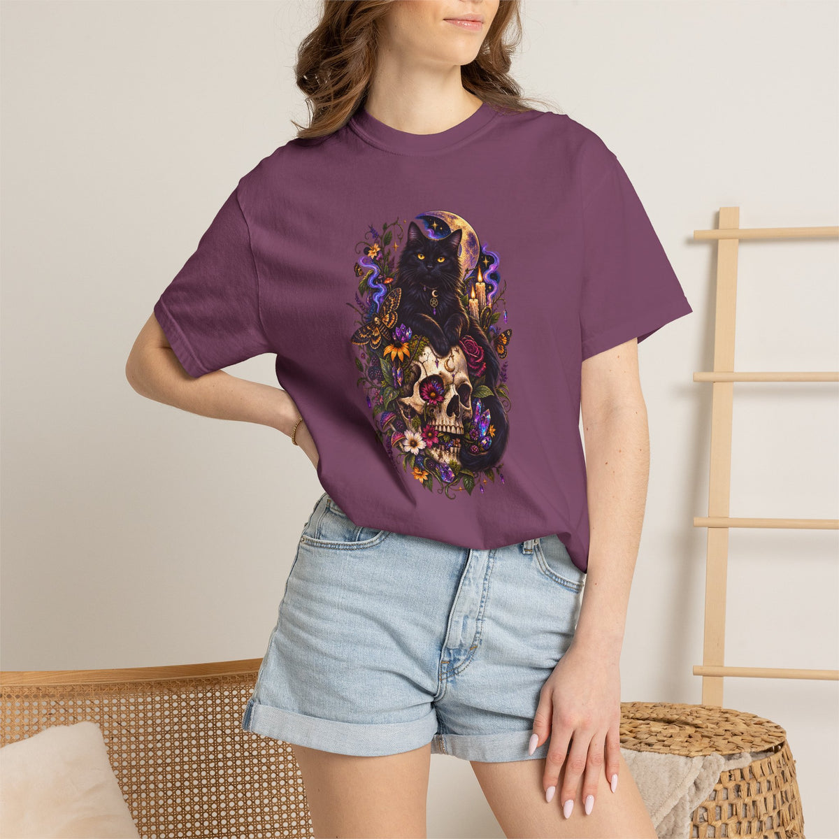 Skull & Black Cat Gothic T-Shirt — Dark Floral Day of the Dead Style