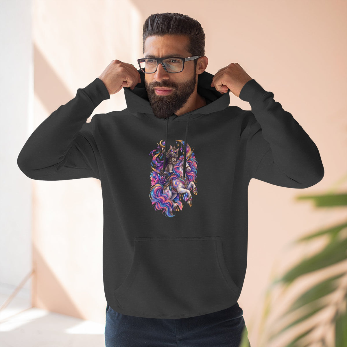 Colorful Cosmic Cat Riding a Unicorn — Vibrant Nebula Graphic Pullover