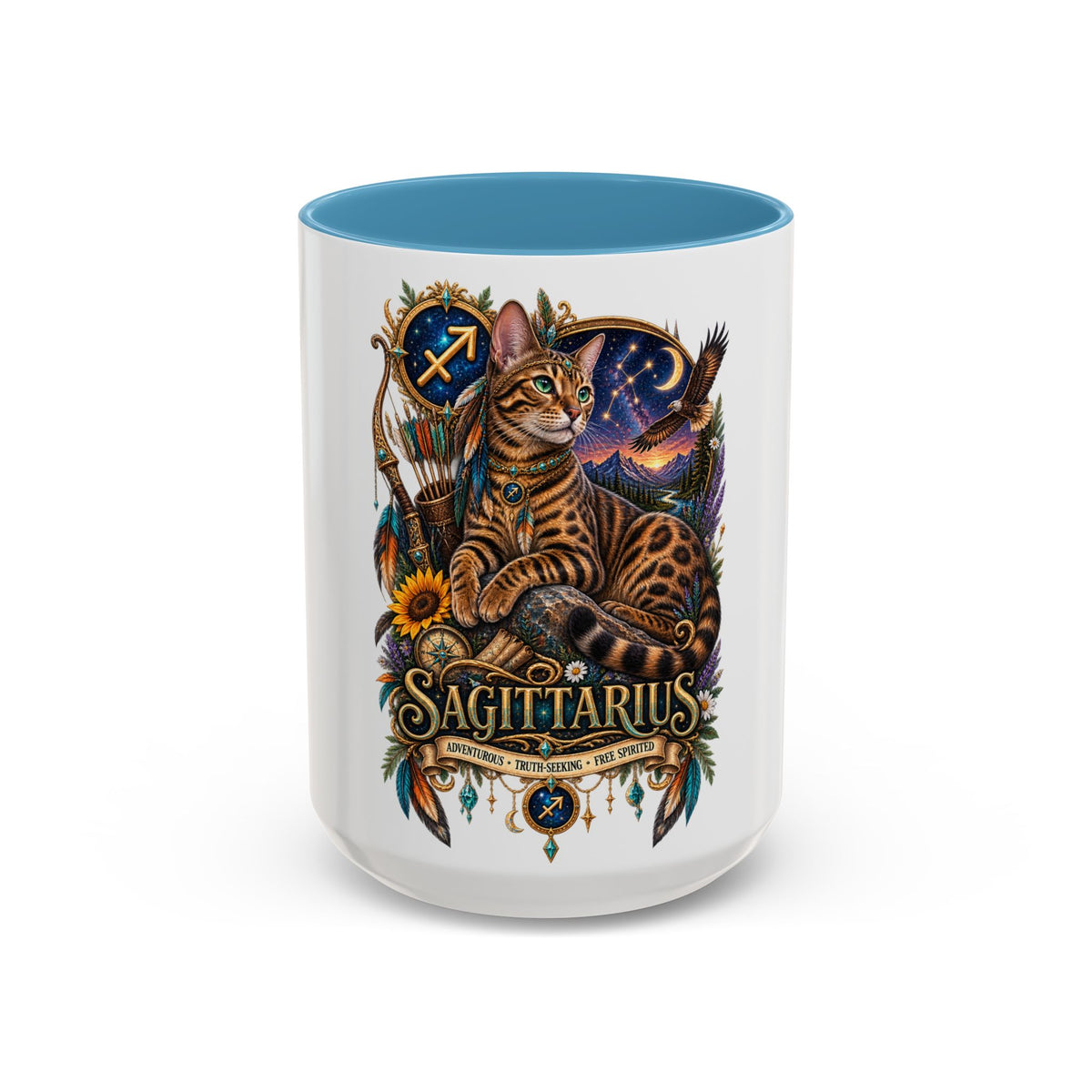 Sagittarius Bengal Cat Zodiac Coffee Mug — Cat Archer Astrology Accent Mug (11/15oz)