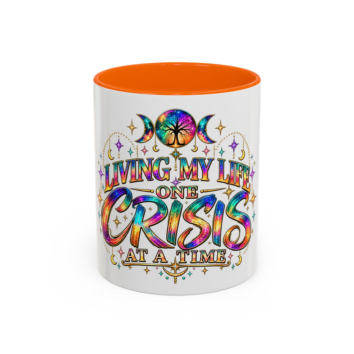 Coffee Mug — "Living My Life One Crisis at a Time" Colorful Boho Accent Mug (11/15oz)