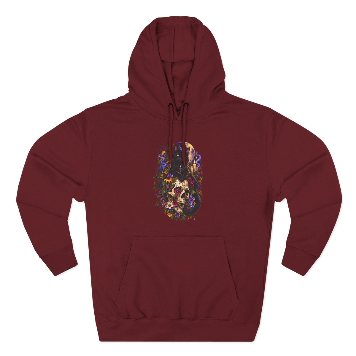 Skull Black Cat Hoodie — Romantic Gothic Floral Skull Graphic Fleece Pullover