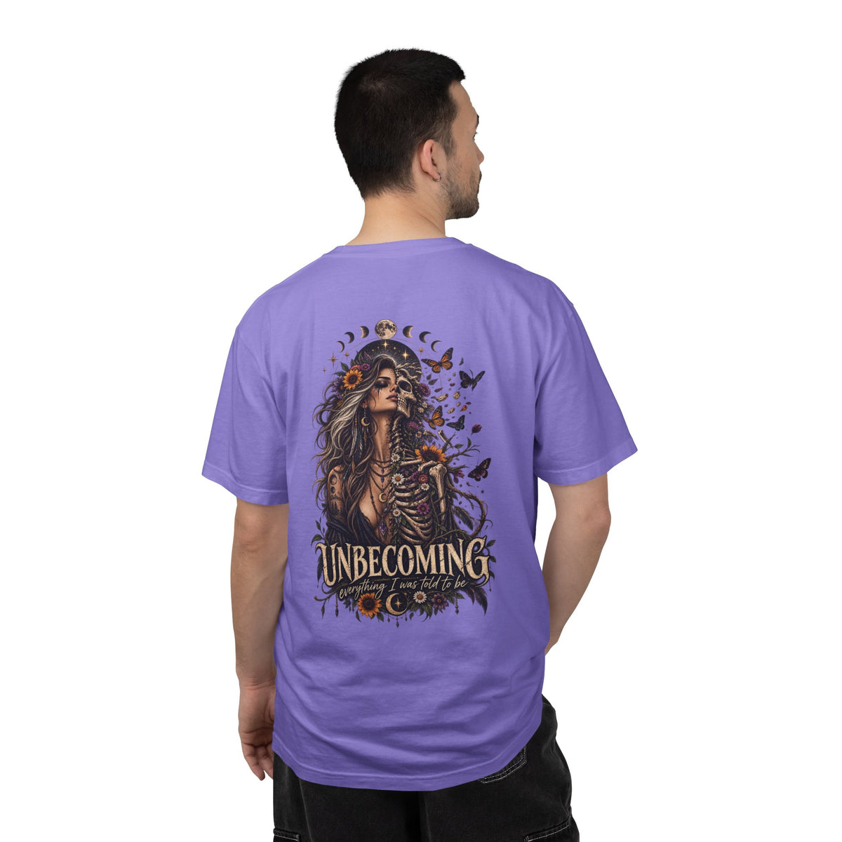 Unbecoming Gothic Moon T‑Shirt — Witchy Skeleton Art Tee