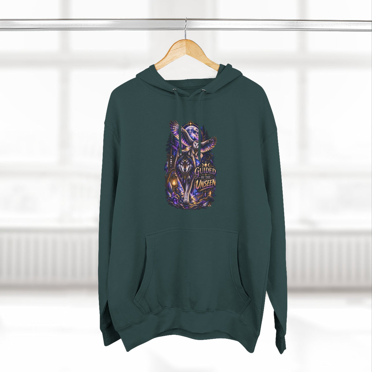 Witchy Owl and Wolf Fleece Hoodie - Mystical Night Forest Graphic- Guided by the Unseen