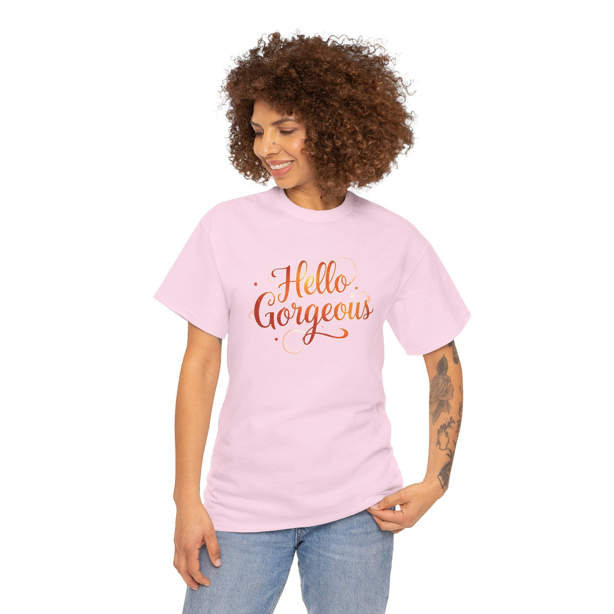 Hello Gorgeous Sunset T-Shirt — Feminine Script Graphic Tee
