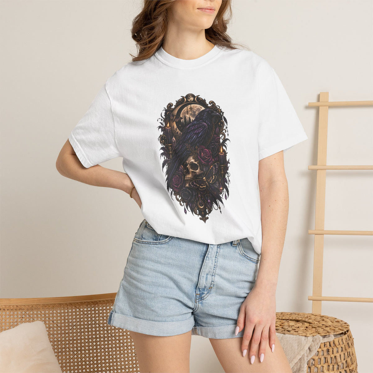 Skull & Crow Graphic Tee — Gothic Vintage Skull with Raven Design