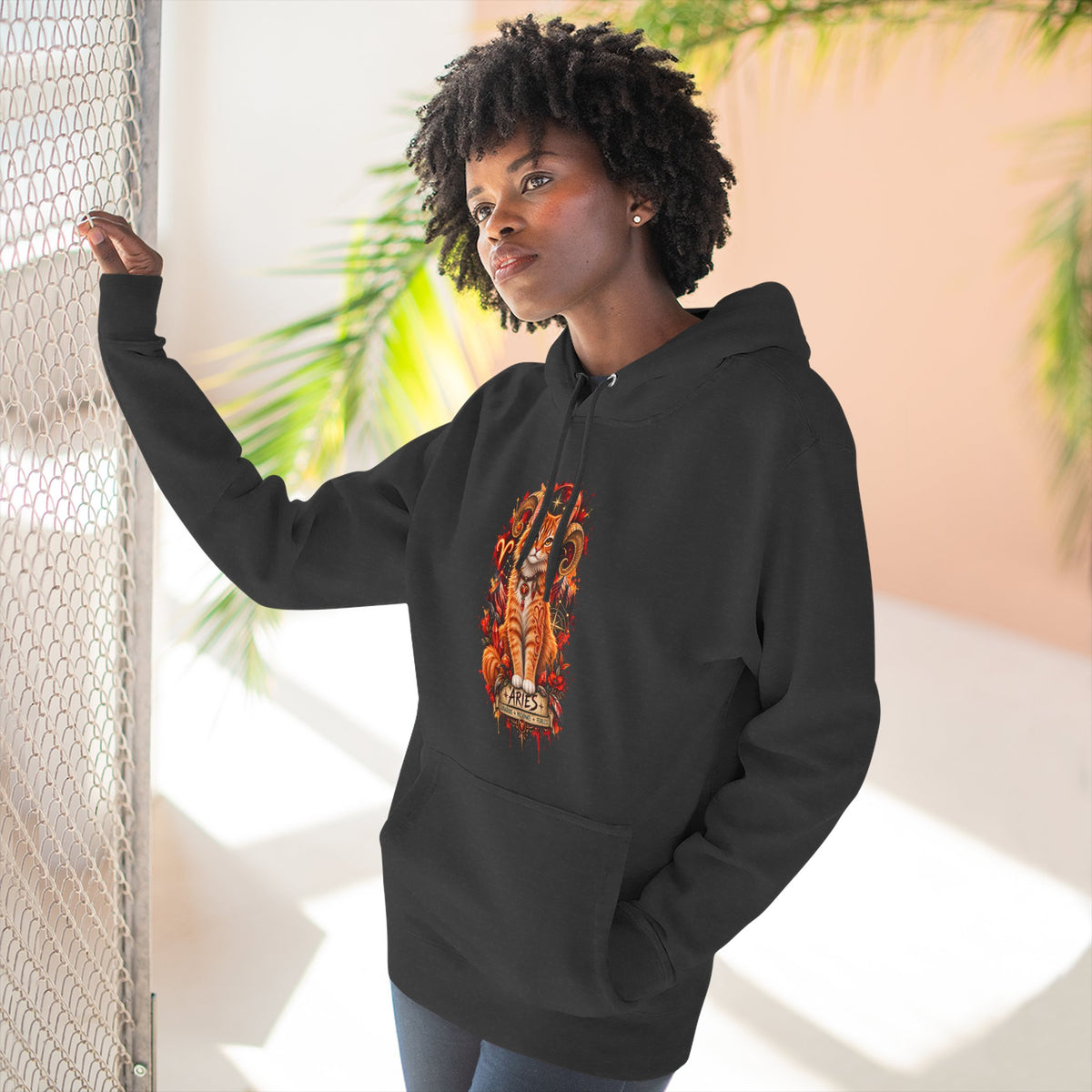 Aries Tabby Cat Zodiac Hoodie — Zodiac Constellation Graphic Fleece Pullover