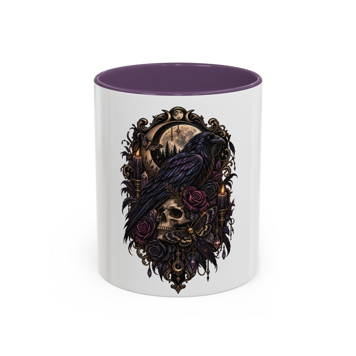 Gothic Raven & Skull Accent Coffee Mug — Dark Floral Occult Tea Cup
