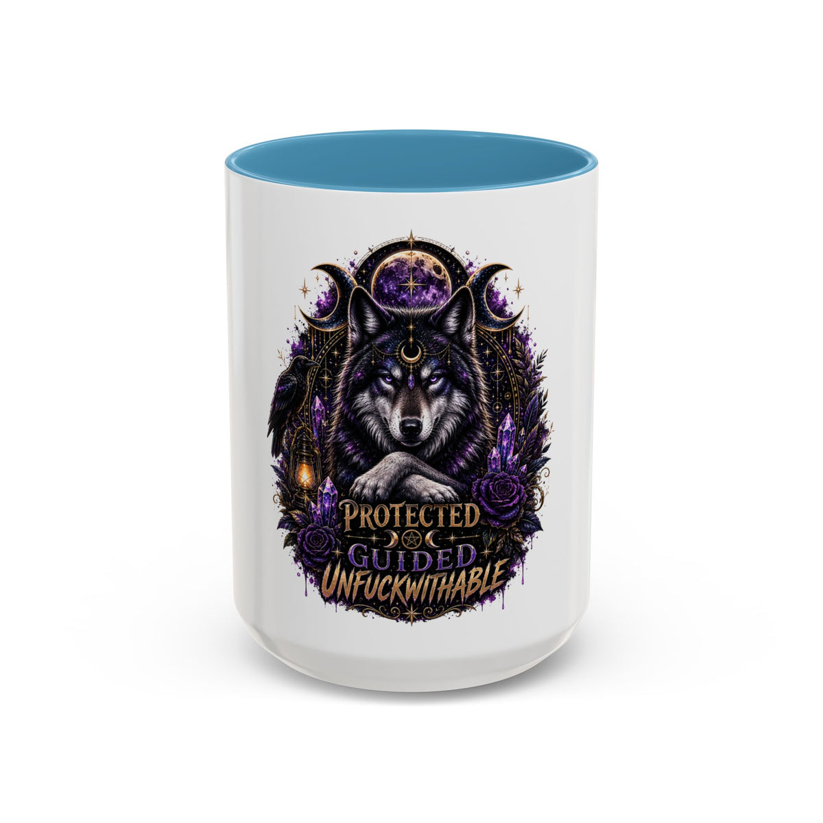 Protected, Guided & Unfuckwithable Wolf Coffee Mug — Spiritual Mystic Accent Mug (11/15oz)