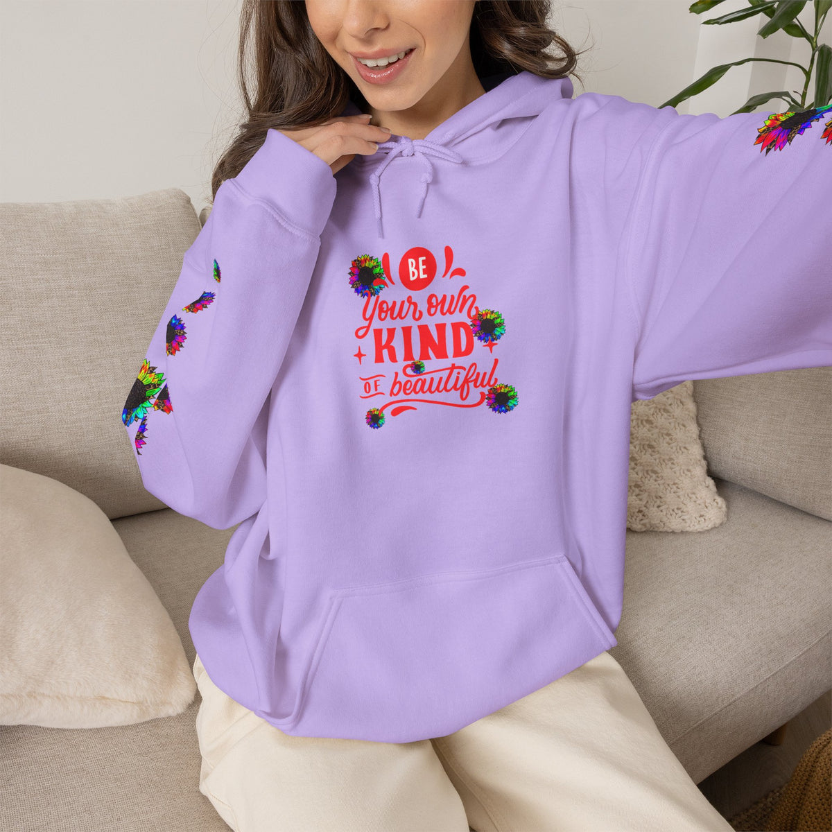 Inspirational Floral Hoodie – "Your Smile is Kind & Beautiful" Rainbow Sunflower Cozy Pullover