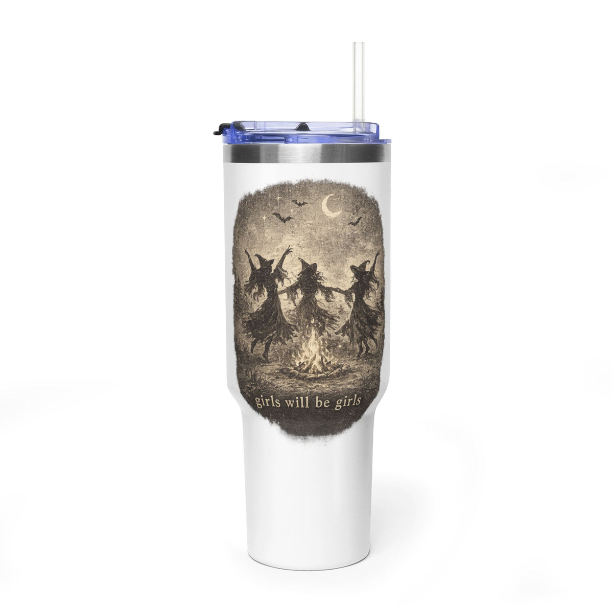 40oz Thermal Tumbler — Vintage Witch Dance "Girls Will Be Girls" Design