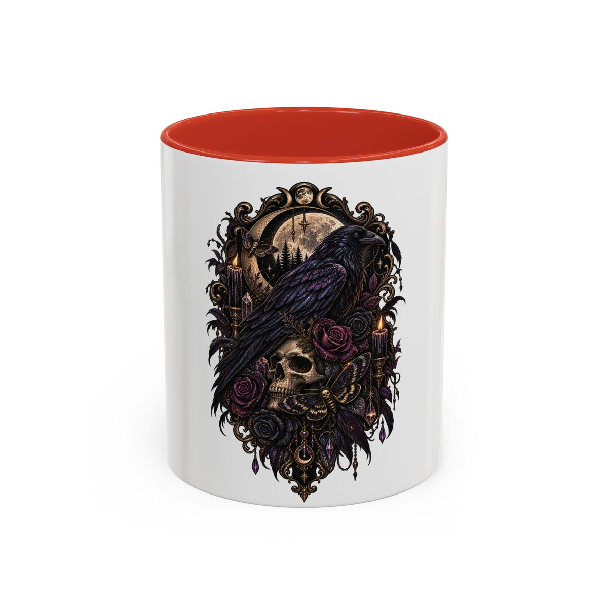 Gothic Raven & Skull Accent Coffee Mug — Dark Floral Occult Tea Cup