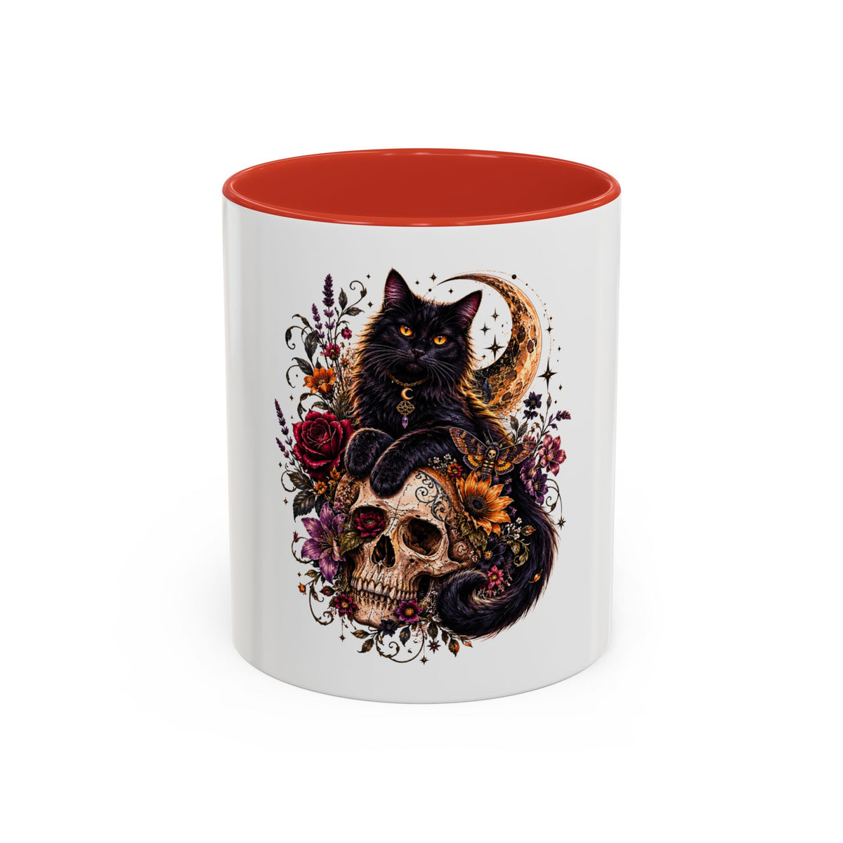 Cat & Skull Accent Coffee Mug — Gothic Black Cat Art Coffee Cup (11/15oz)