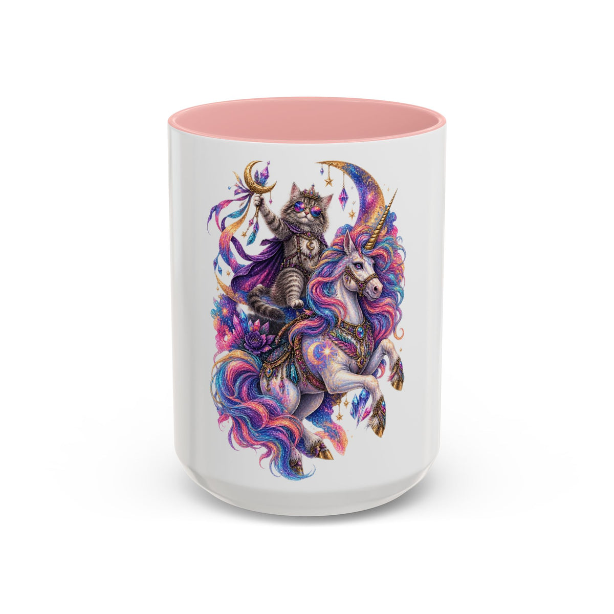 Magical Cat Knight on Unicorn Accent Coffee Mug — Colorful Fantasy 11/15oz