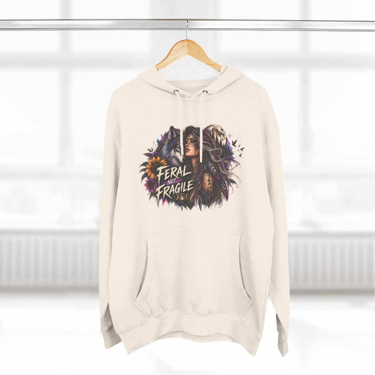 Feral Not Fragile Wolf & Woman Graphic Hoodie — Wildlife Fleece Pullover