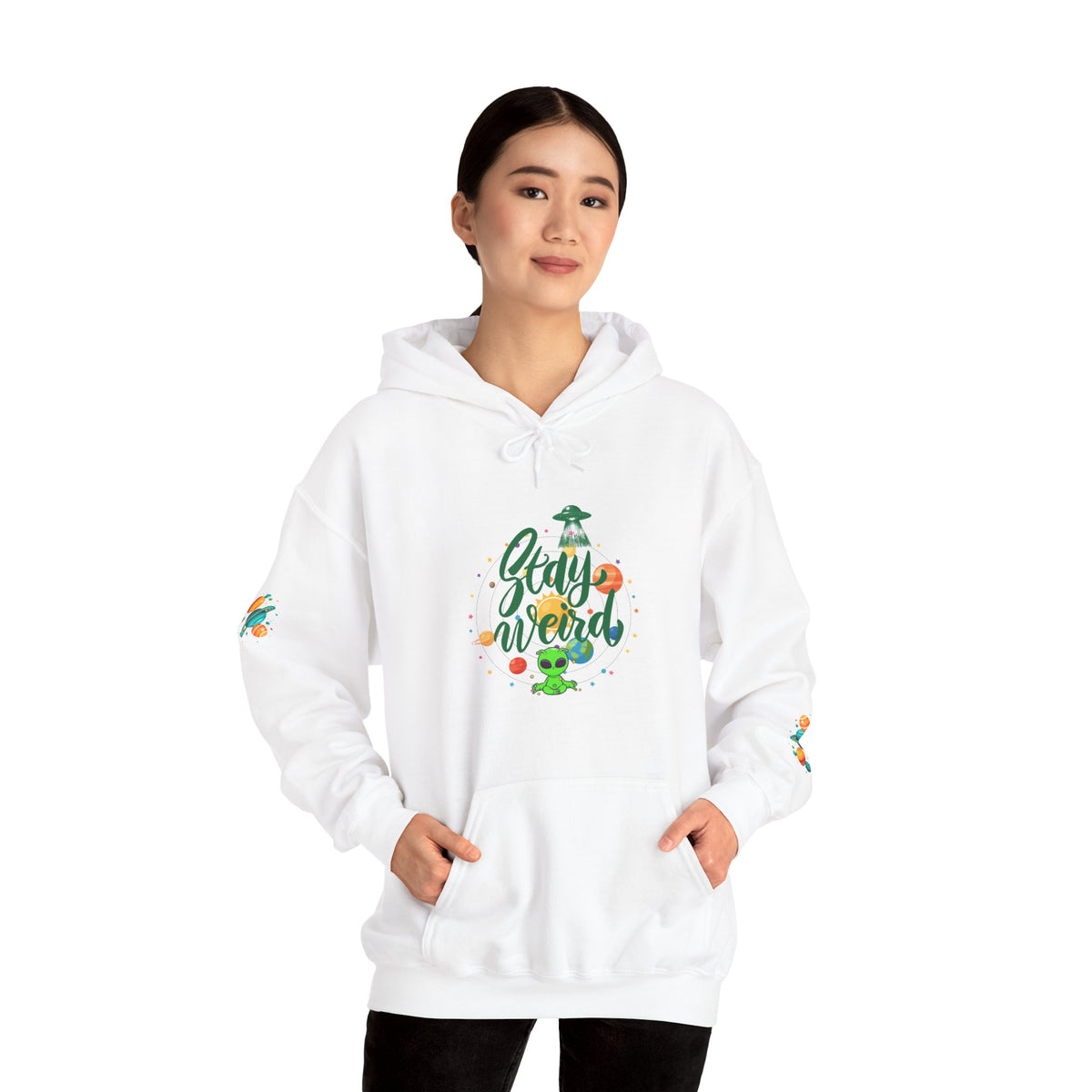 Stay Weird Premium Hoodie | Alien & Space Graphic Hoodie | Front, Back & Sleeve Print | Boutique UFO Apparel
