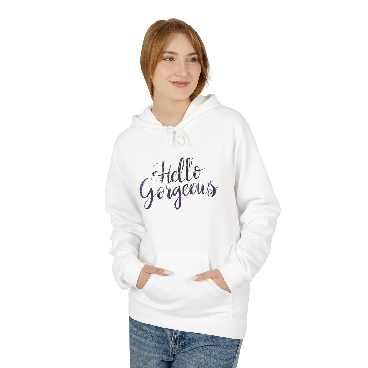 Hello Gorgeous Hoodie — Feminine Script Pullover for Women, Cute Gift for Friends & Self-Care