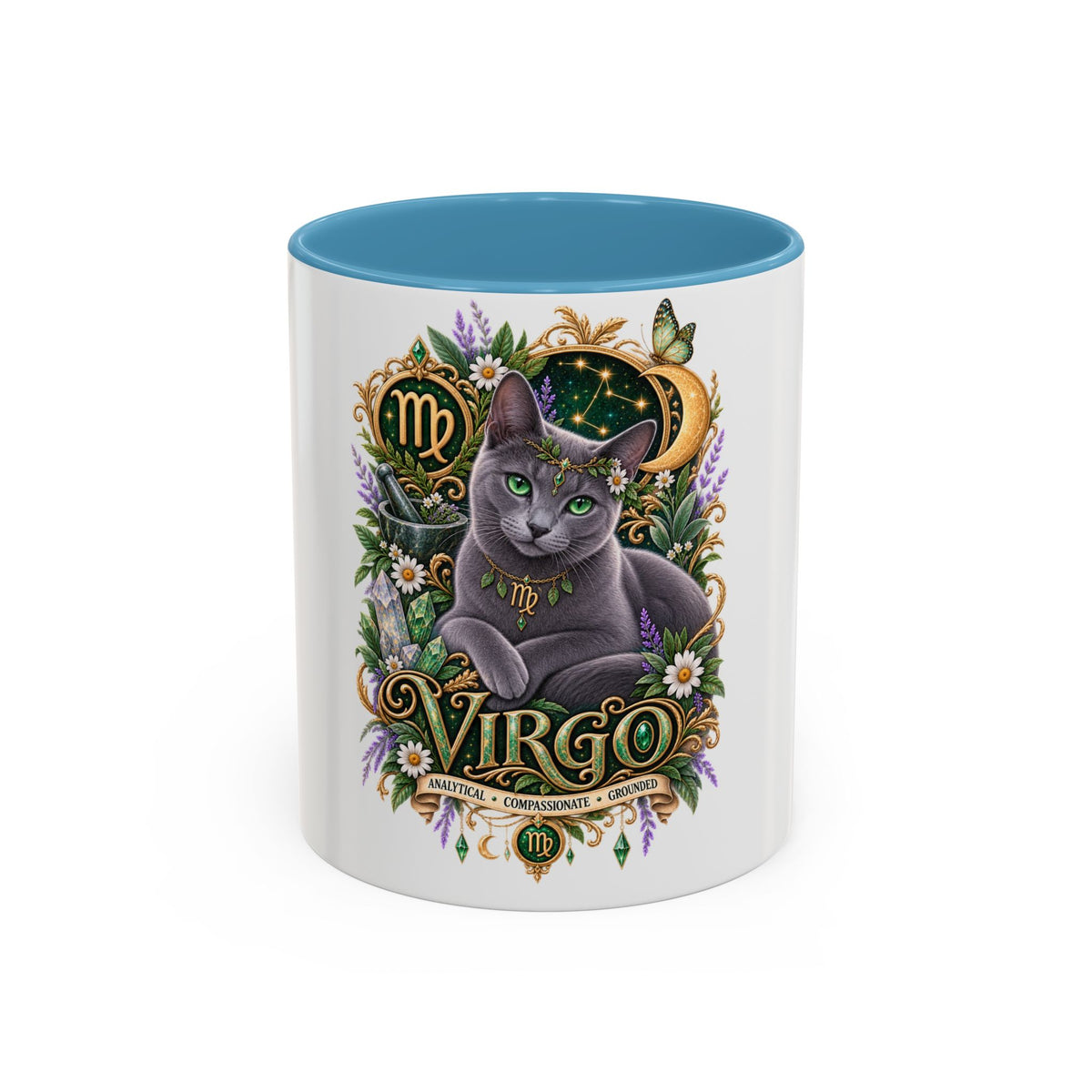 Virgo Russian Blue Cat Accent Coffee Mug — Zodiac Astrology Horoscope Gift (11/15 oz)