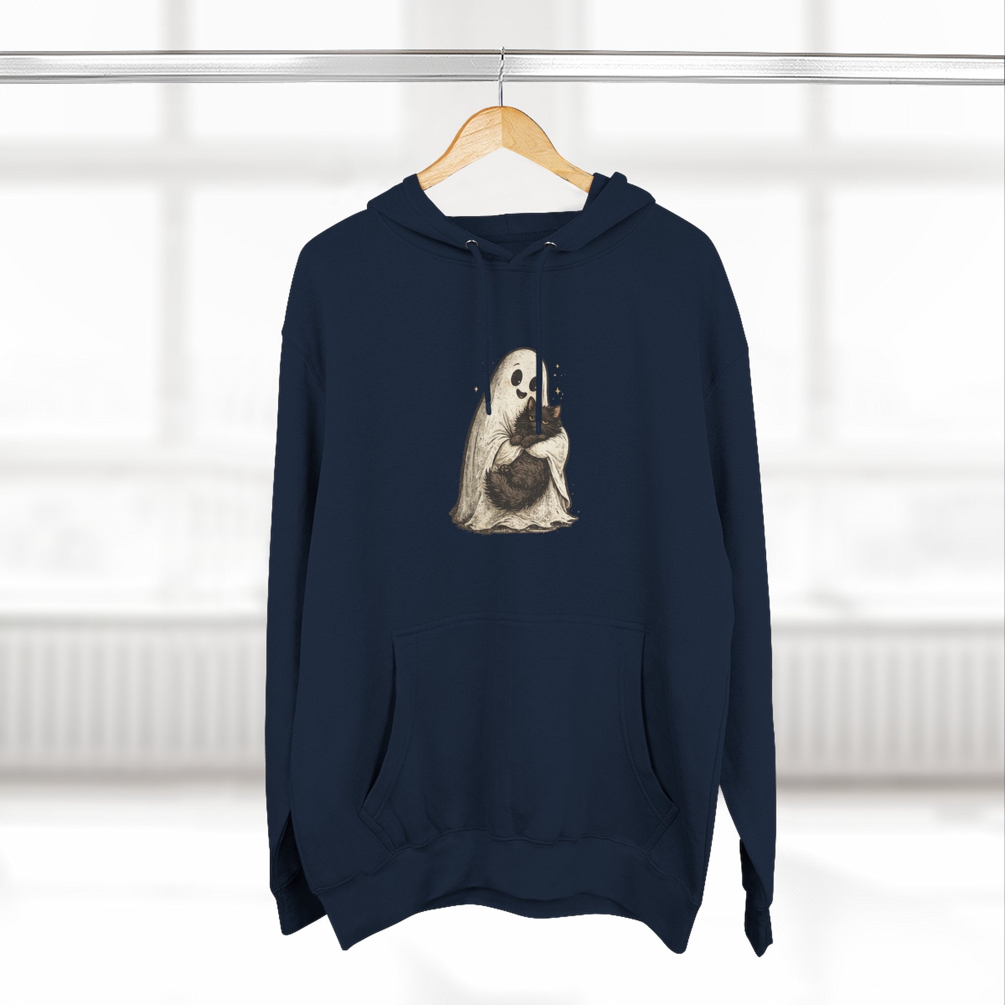 Boo & Meow Ghost Hugging Black Cat hoodie | Cute Spooky Tee Fleece Pullover
