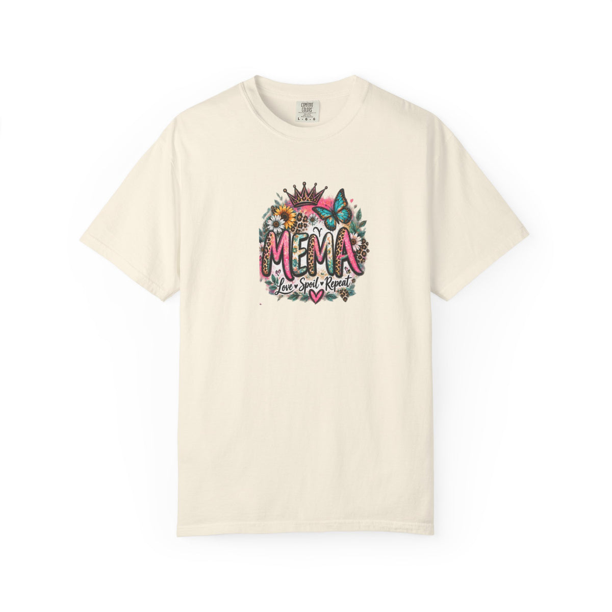 MEMA Floral Crown Tee — Cute Grandma Shirt with Butterfly & Heart Design