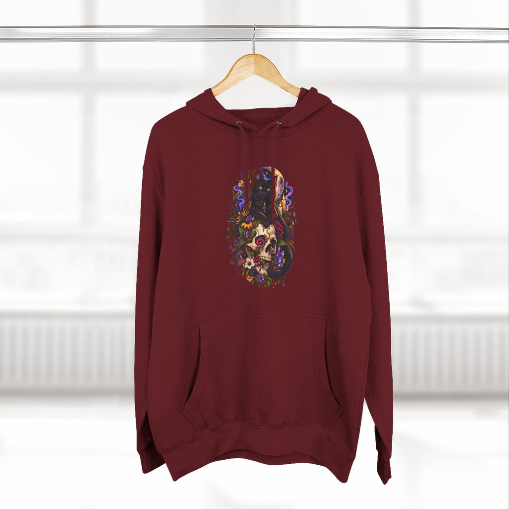 Skull Black Cat Hoodie — Romantic Gothic Floral Skull Graphic Fleece Pullover
