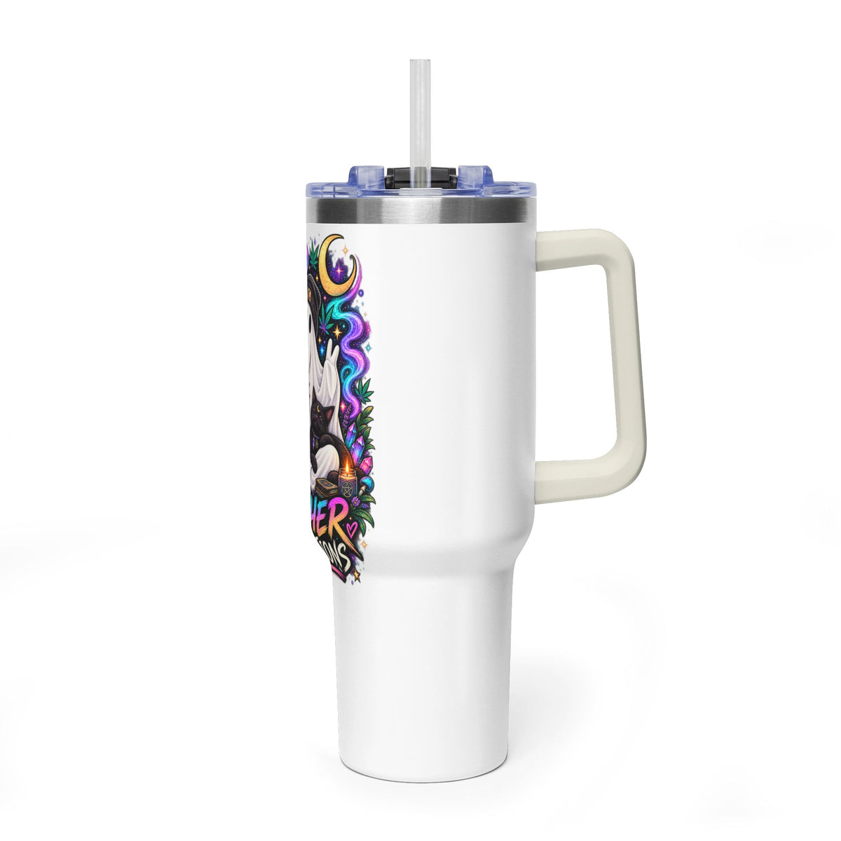 40oz Tumbler — "Higher Vibrations" Ghost & Cat Thermal Travel Mug