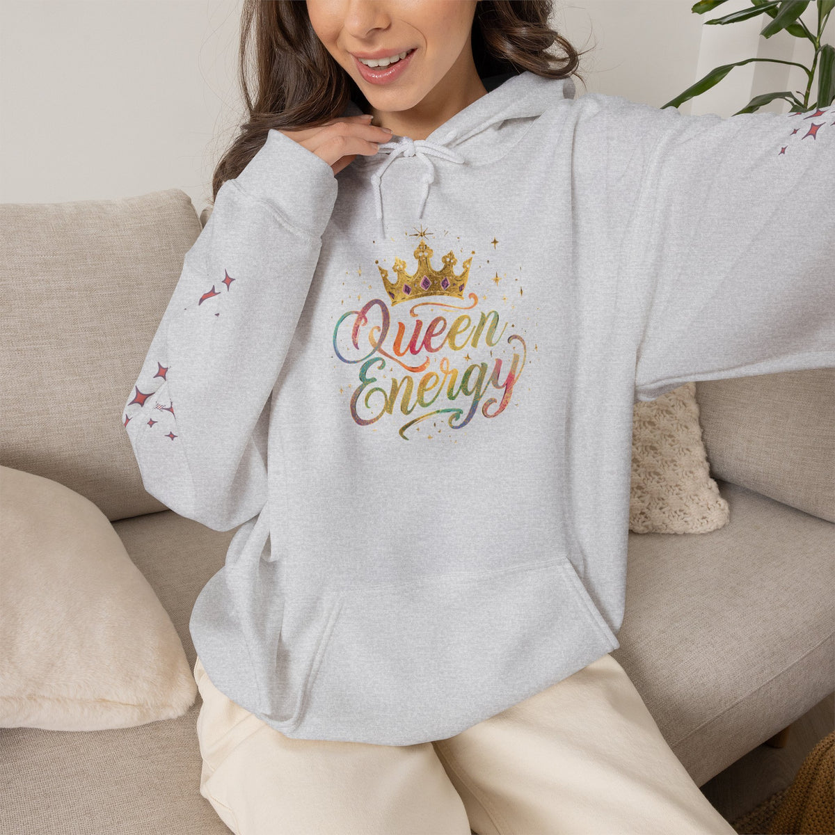 Queen Energy Hoodie — Feminine Crown Graphic Pullover with Star Sleeve Accents