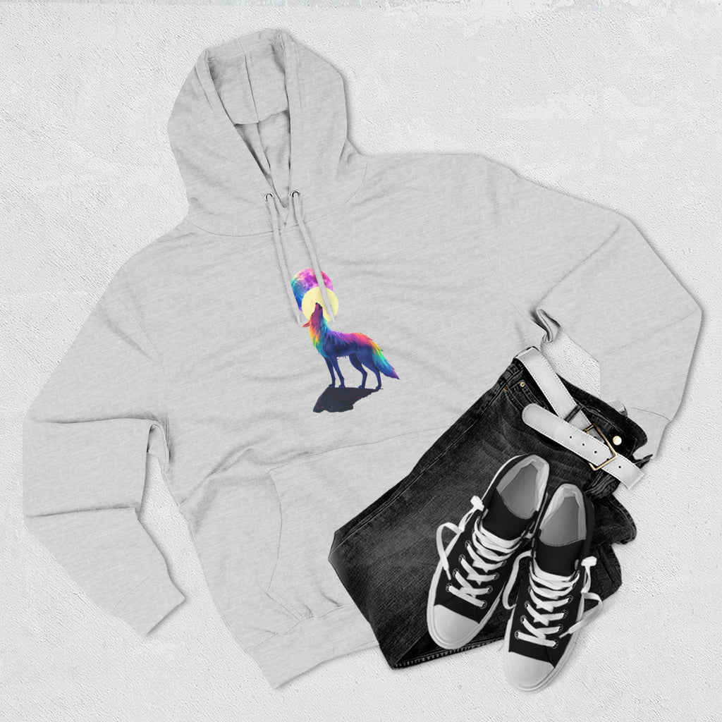 Rainbow Wolf Silhouette Hoodie | Colorful Moon Graphic