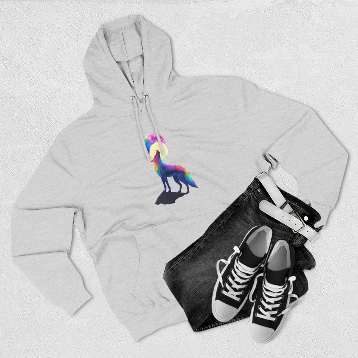 Rainbow Wolf Silhouette Hoodie | Colorful Moon Graphic