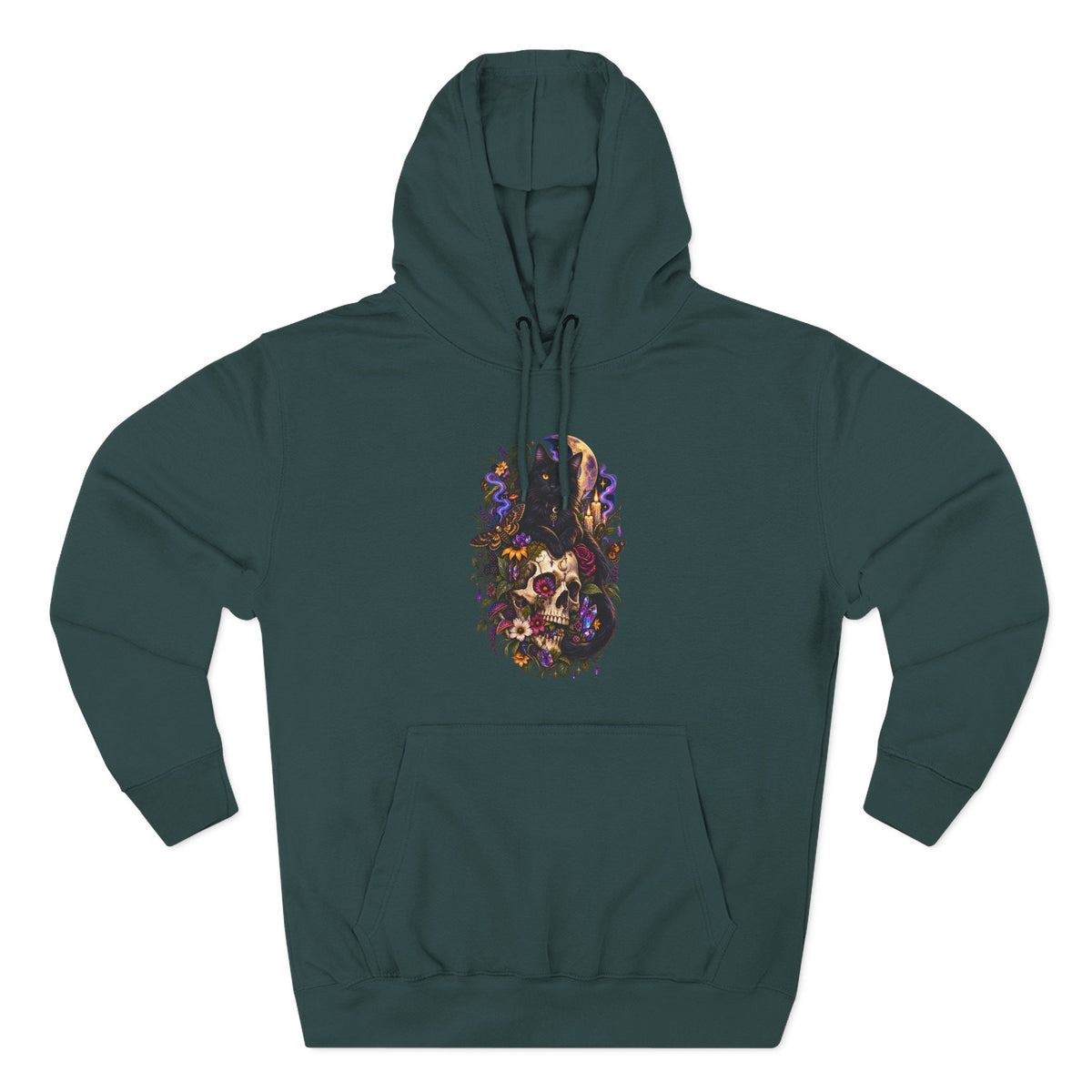 Skull Black Cat Hoodie — Romantic Gothic Floral Skull Graphic Fleece Pullover