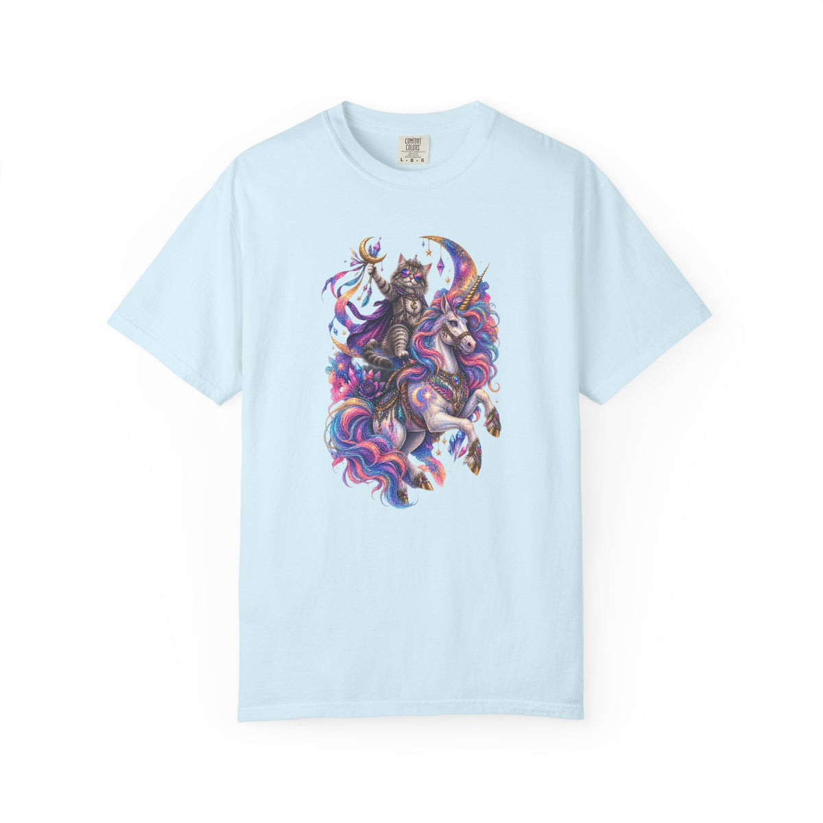 Cat Riding a Mystical Unicorn Horse Graphic T-Shirt — Colorful Cosmic Mane Art Tee