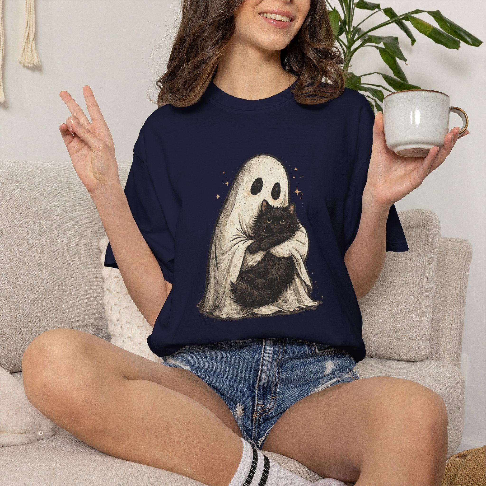 Ghost Hug T-Shirt — Cute Ghost Holding Cat Graphic Tee