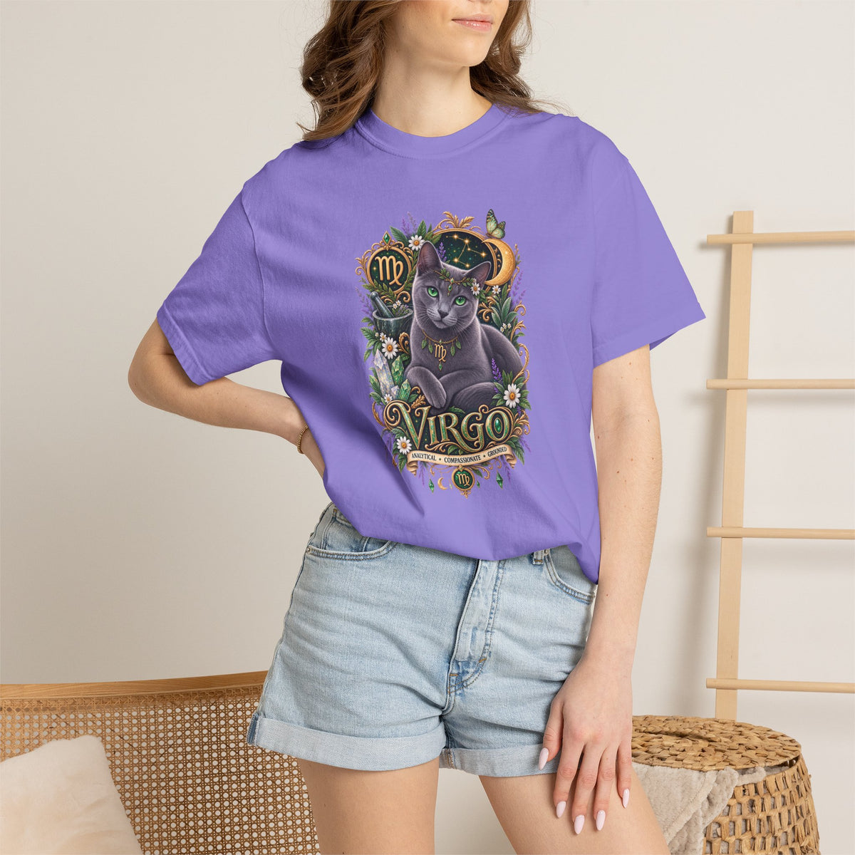 Virgo Cat Zodiac T-Shirt — Virgo Astrology Tee with Russian Blue & Floral Design