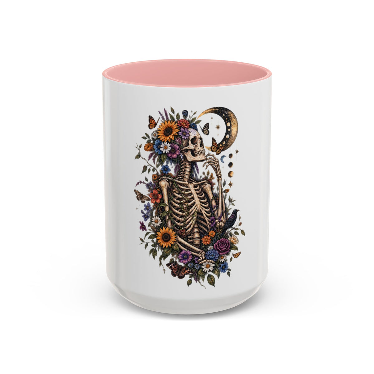 Skull & Moon Floral Coffee Mug — Gothic Botanical Accent Mug