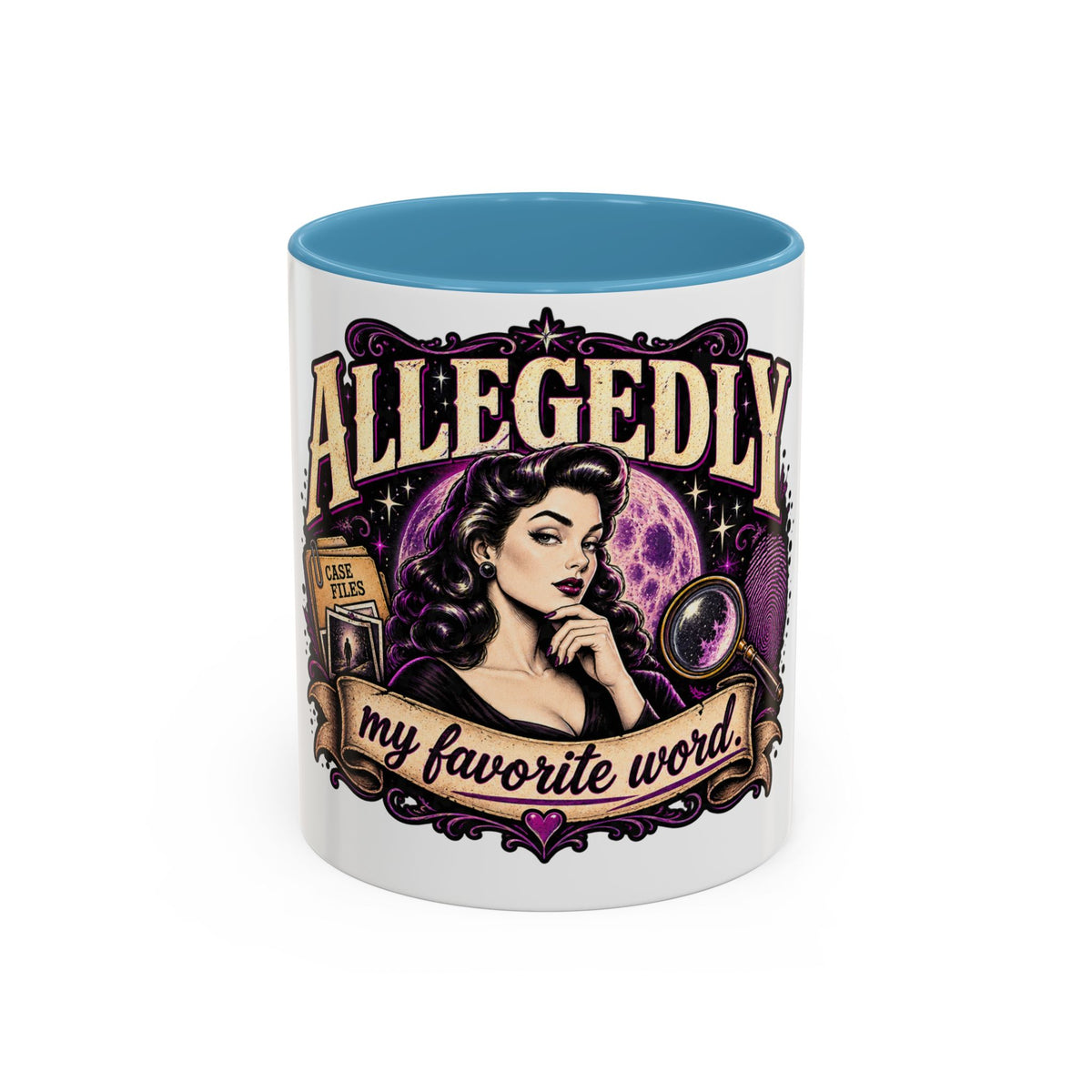 Allegedly Coffee Mug — Retro Pinup Mystery Design