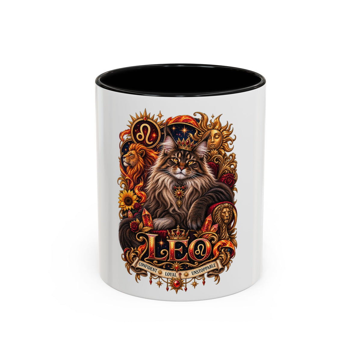 Leo Zodiac Cat Coffee Mug – Maine Coon Astrological Birthday Gift (11/15oz)
