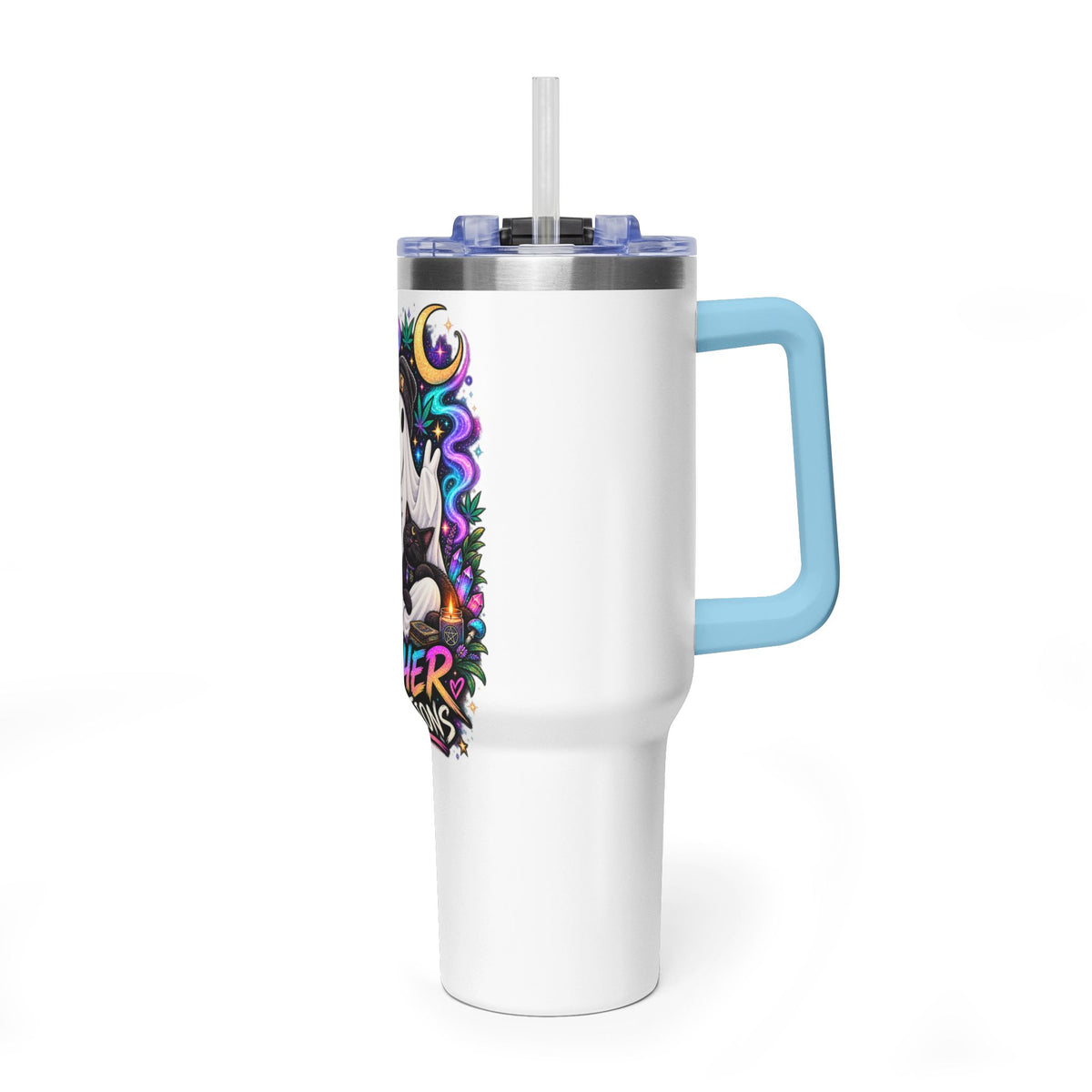 40oz Tumbler — "Higher Vibrations" Ghost & Cat Thermal Travel Mug