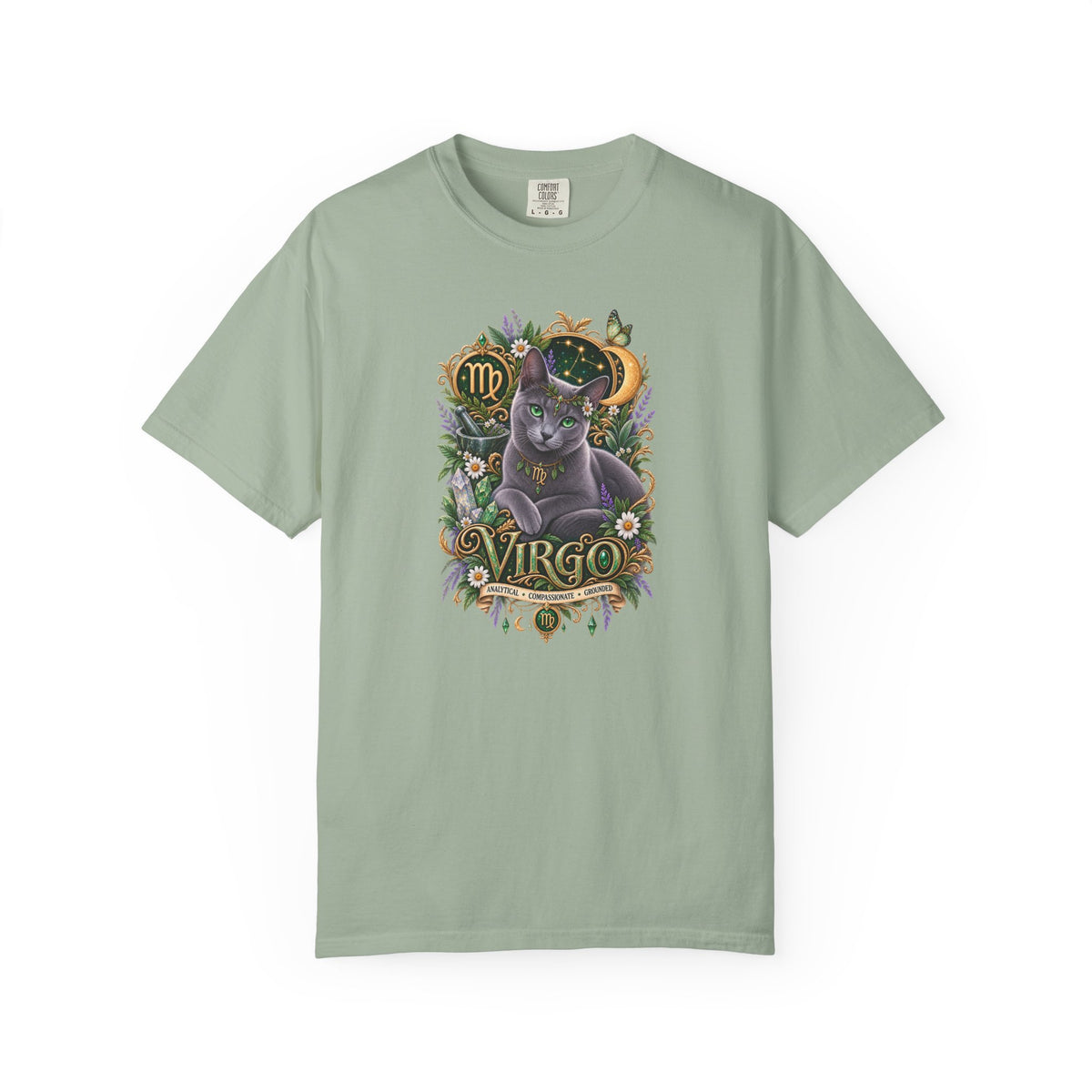 Virgo Cat Zodiac T-Shirt — Virgo Astrology Tee with Russian Blue & Floral Design