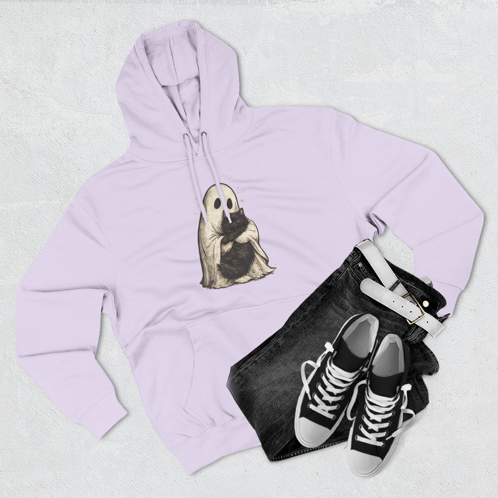 Ghost Hugging Black Cat Fleece Hoodie — Cute Ghost Hugging Black Cat Cozy Pullover