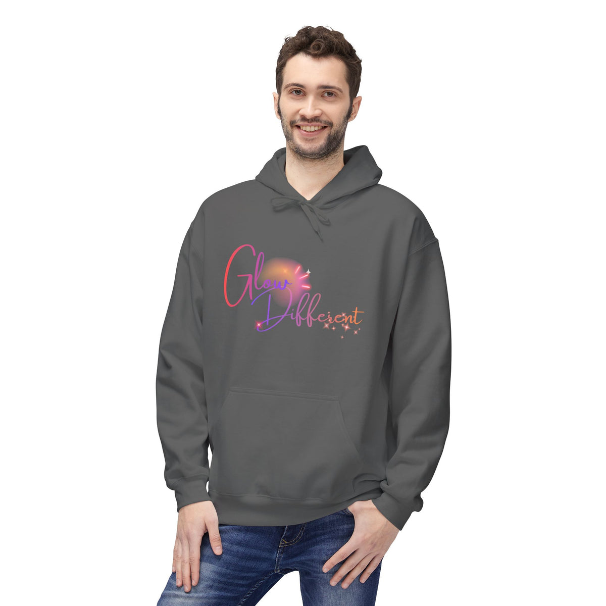 Glow Different Hoodie — Pastel Brush Script Inspirational Pullover