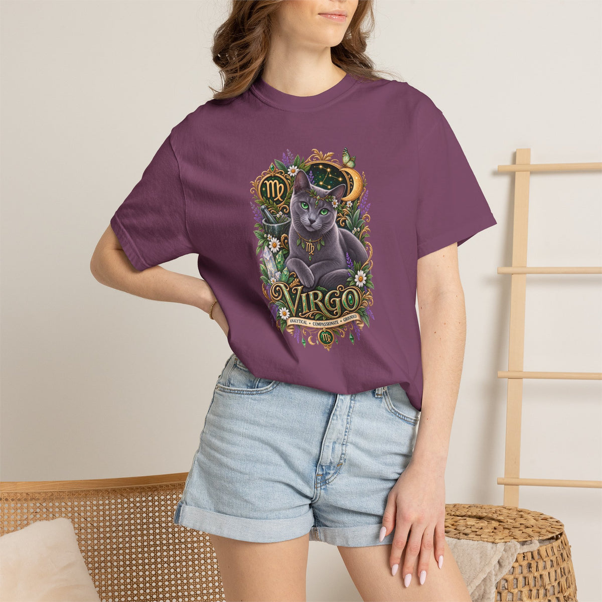 Virgo Cat Zodiac T-Shirt — Virgo Astrology Tee with Russian Blue & Floral Design