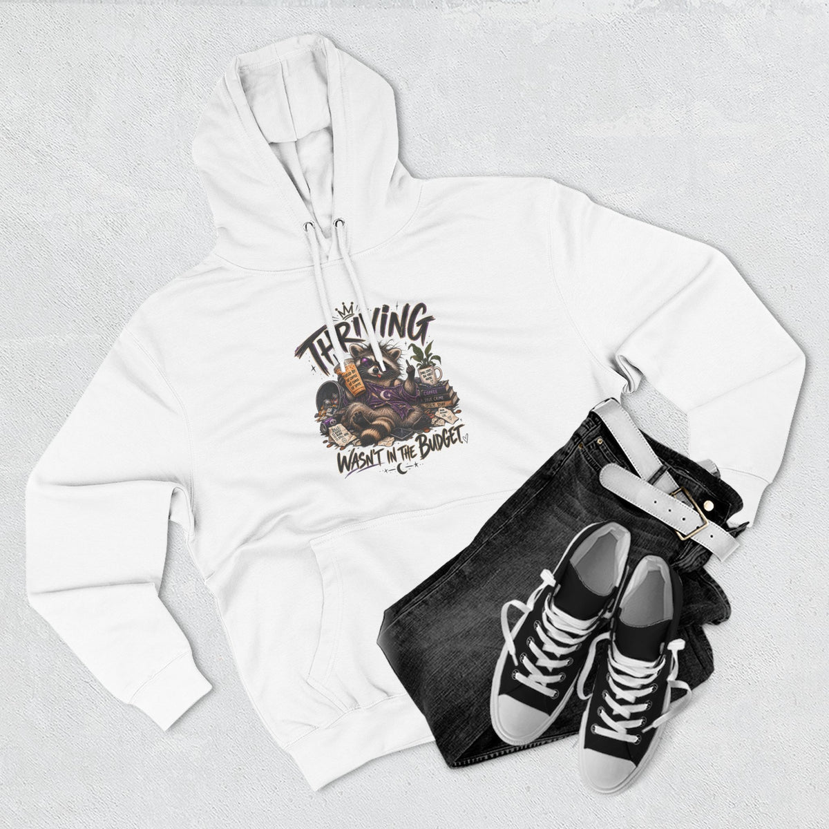 Hoodie - "Thriving, Not in the Budget" Retro Raccoon Graphic Fleece Hoodie