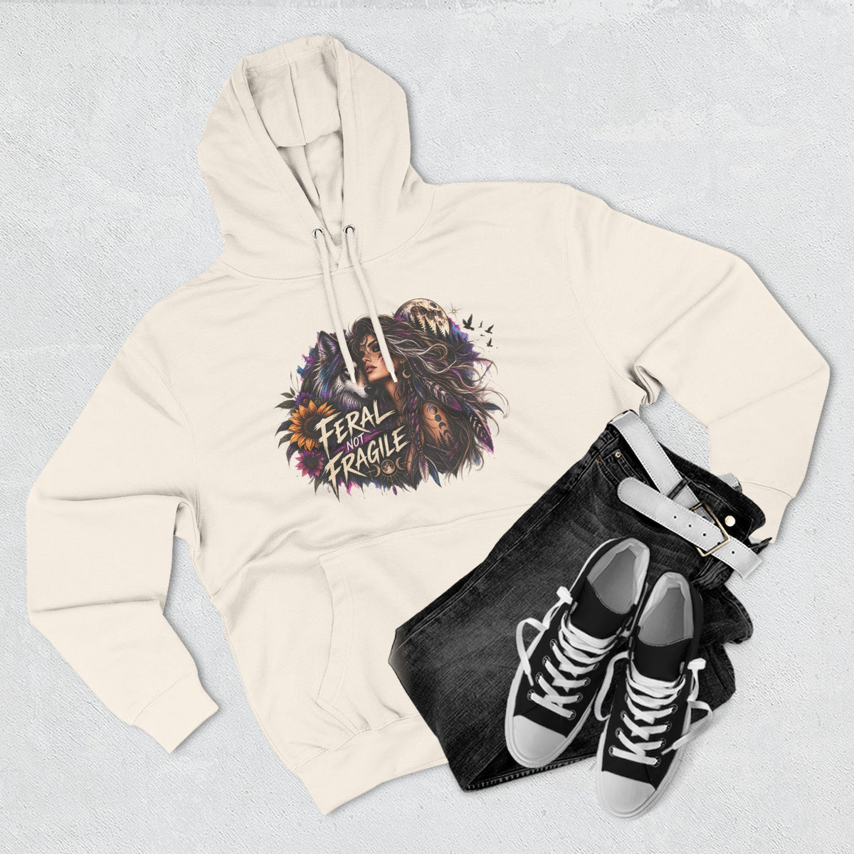Feral Not Fragile Wolf & Woman Graphic Hoodie — Wildlife Fleece Pullover