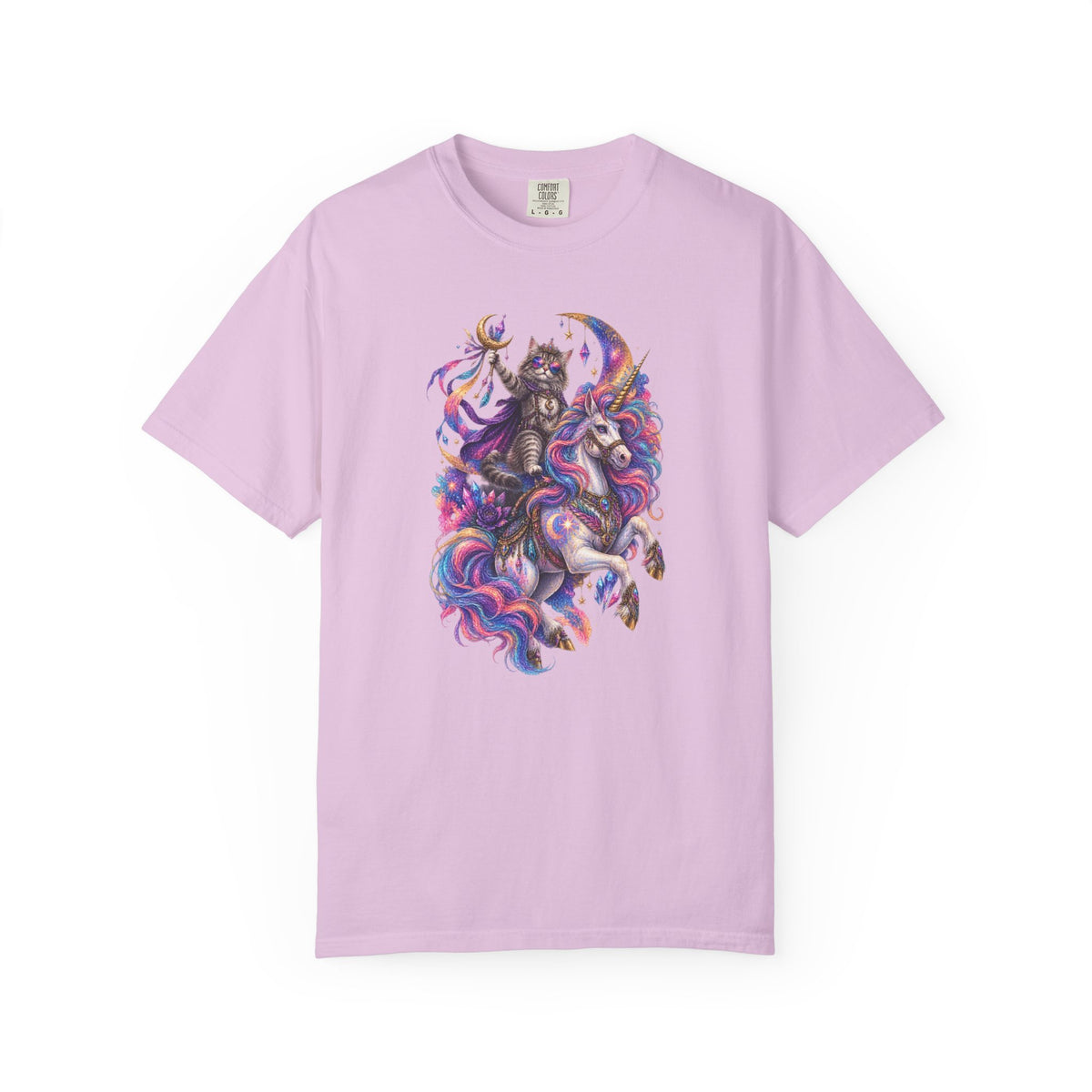 Cat Riding a Mystical Unicorn Horse Graphic T-Shirt — Colorful Cosmic Mane Art Tee