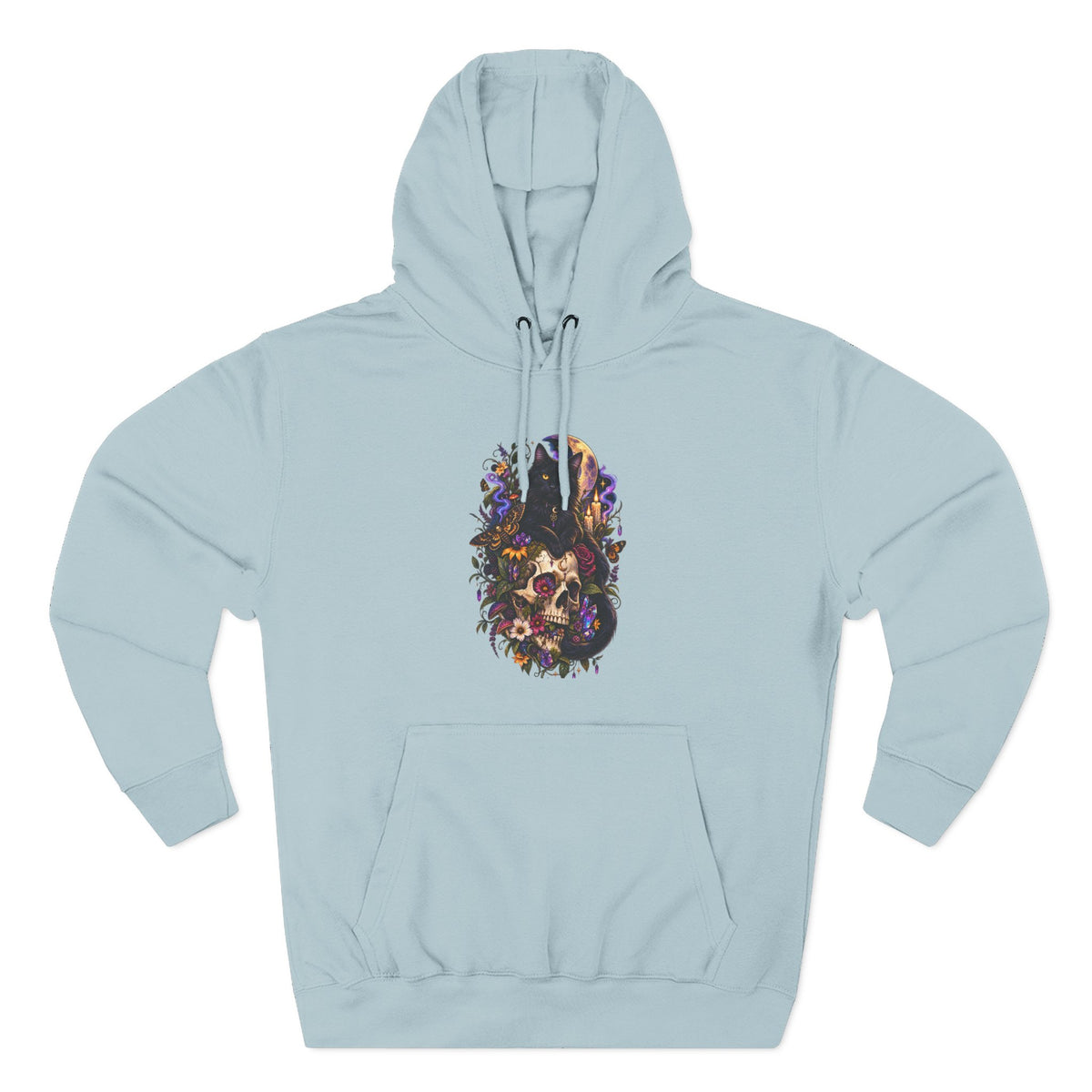 Skull Black Cat Hoodie — Romantic Gothic Floral Skull Graphic Fleece Pullover