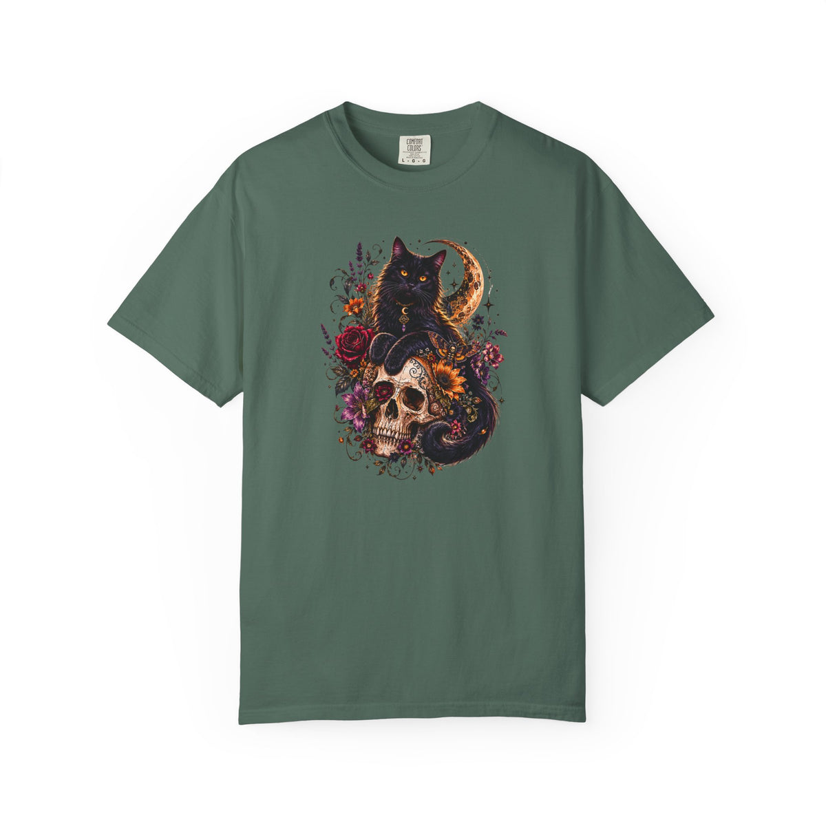 Cat & Skull Gothic T-Shirt — Black Cat Moon Floral Graphic Tee