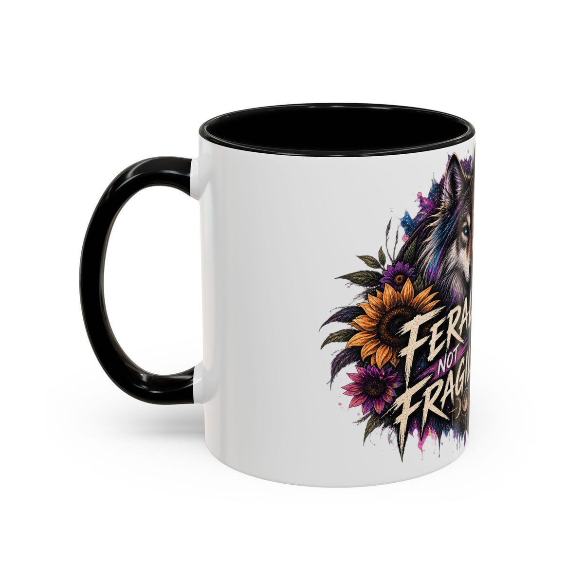 Feral Not Fragile Accent Coffee Mug — Wolf Goddess 11oz/15oz