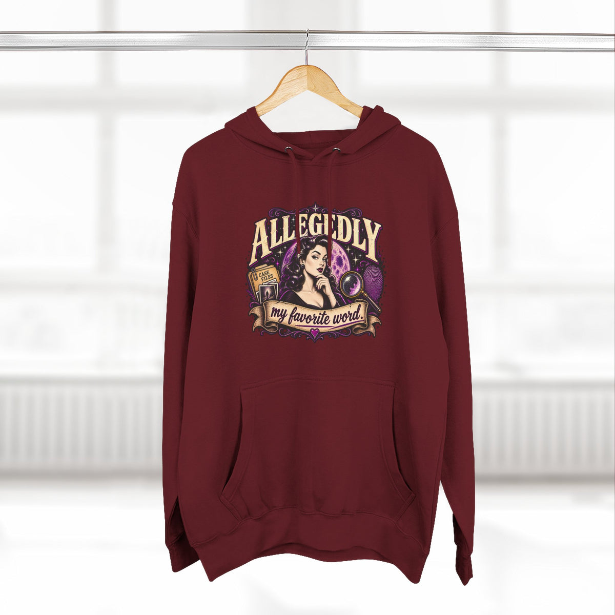 Hoodie — "Allegedly My Favorite Word" Retro Witch Graphic