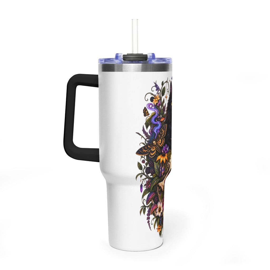 40oz Cat & Skull Thermal Tumbler – Gothic Floral Insulated Travel Mug