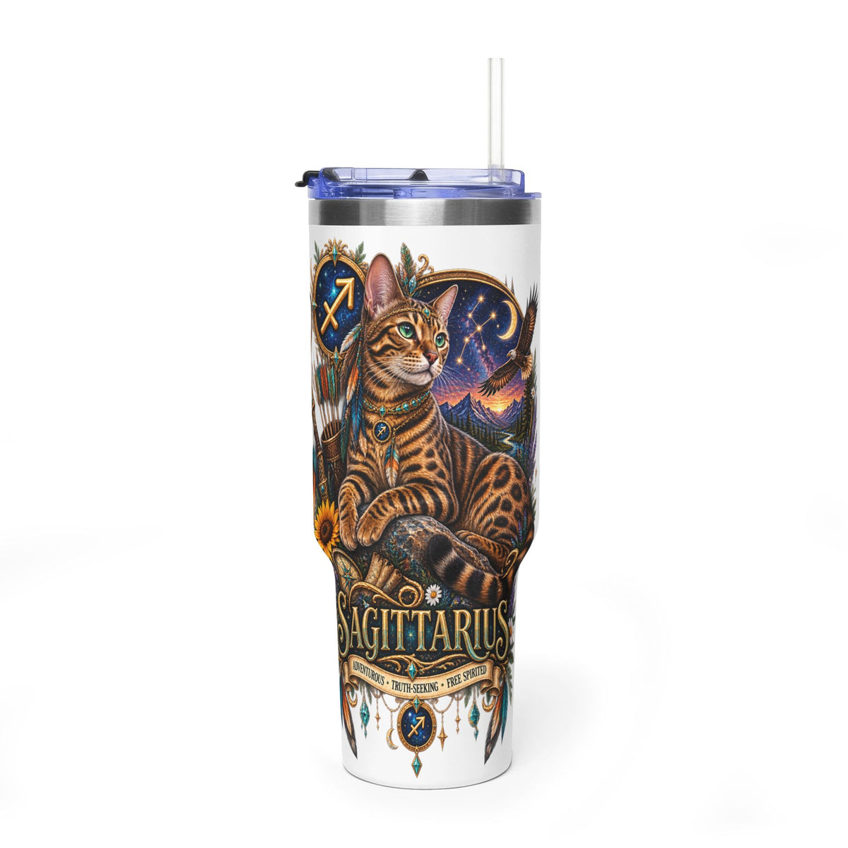 Sagittarius Bengal Cat 40oz Vacuum Tumbler — Astrology Zodiac Travel Mug
